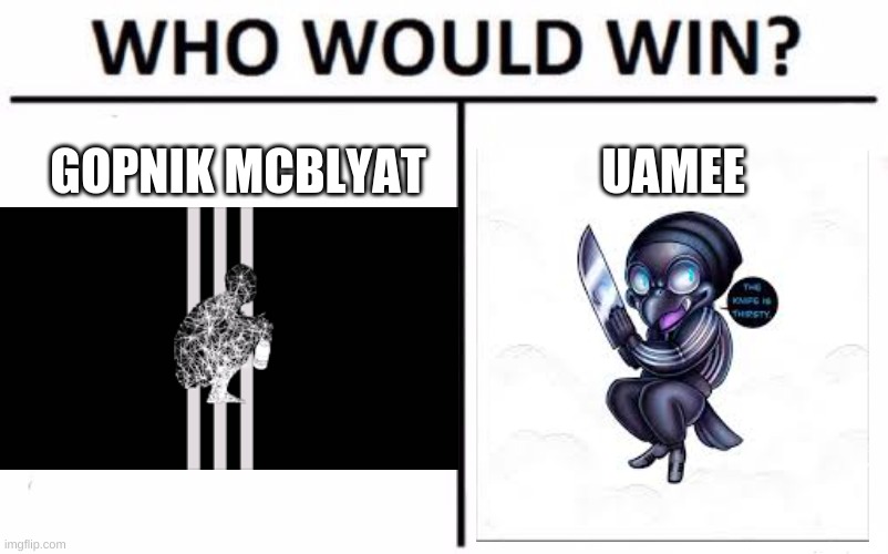 HARDBASS ARTIST BATTLE | GOPNIK MCBLYAT; UAMEE | image tagged in memes,who would win | made w/ Imgflip meme maker