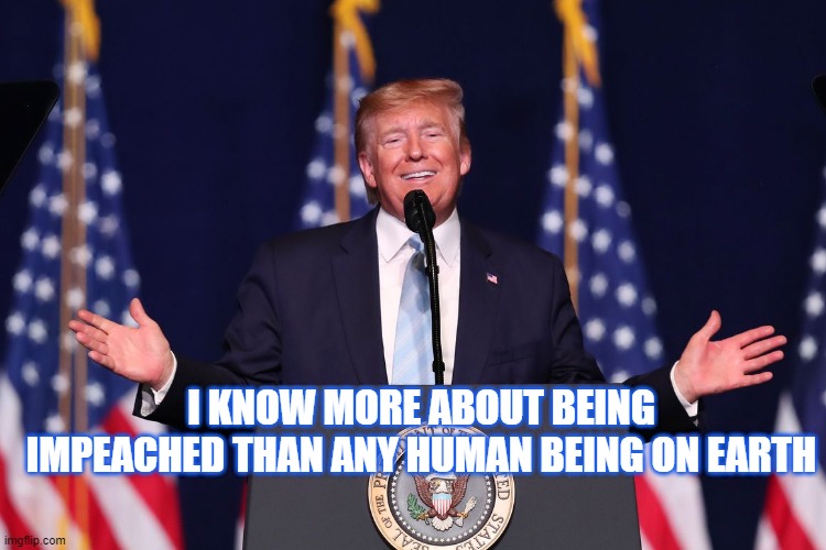 Trump Impeached | I KNOW MORE ABOUT BEING IMPEACHED THAN ANY HUMAN BEING ON EARTH | image tagged in trump,impeachment,trump impeachment | made w/ Imgflip meme maker