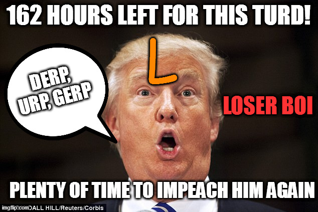 162 hours left for this turd! | 162 HOURS LEFT FOR THIS TURD! L; DERP, URP, GERP; LOSER BOI; PLENTY OF TIME TO IMPEACH HIM AGAIN | image tagged in trumptard | made w/ Imgflip meme maker