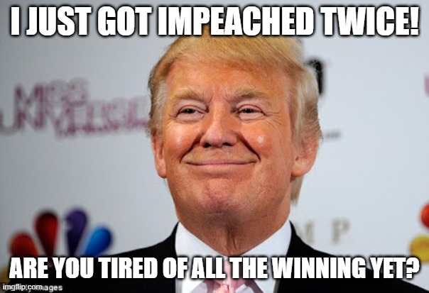 Donald trump approves | I JUST GOT IMPEACHED TWICE! ARE YOU TIRED OF ALL THE WINNING YET? | image tagged in donald trump approves | made w/ Imgflip meme maker