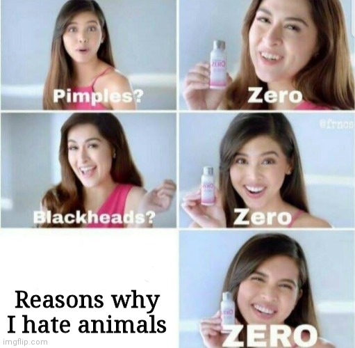 :3 | Reasons why I hate animals | image tagged in pimples zero | made w/ Imgflip meme maker