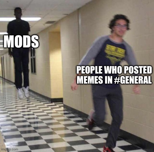 floating boy chasing running boy | MODS PEOPLE WHO POSTED MEMES IN #GENERAL | image tagged in floating boy chasing running boy | made w/ Imgflip meme maker