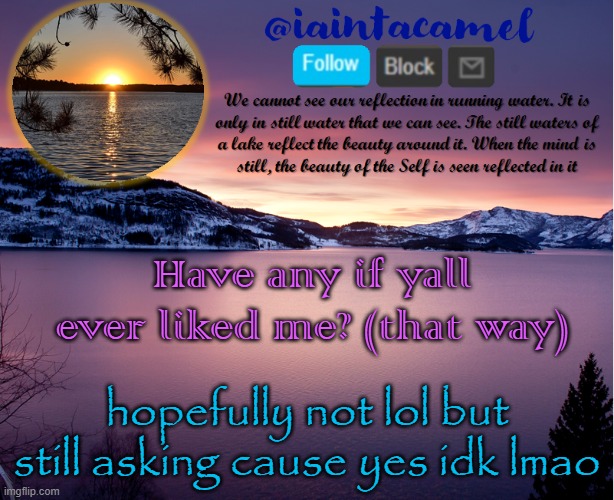 iaintacamel | Have any if yall ever liked me? (that way); hopefully not lol but still asking cause yes idk lmao | image tagged in iaintacamel | made w/ Imgflip meme maker