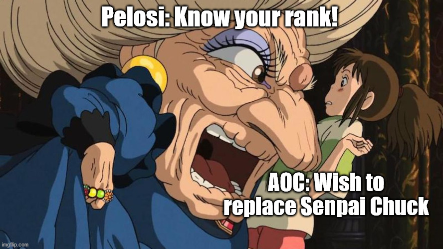 Pelosi: Know your rank! AOC: Wish to replace Senpai Chuck | image tagged in nancy pelosi,aoc | made w/ Imgflip meme maker