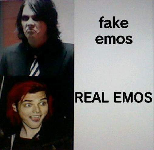 fake emos get on my nerves like no UR NOT DEPRESSING BC U LISTEN TO BILY EILISH OR LIL PEEP REEEEEEEEE | fake emos; REAL EMOS | image tagged in gerard way hotline bling | made w/ Imgflip meme maker