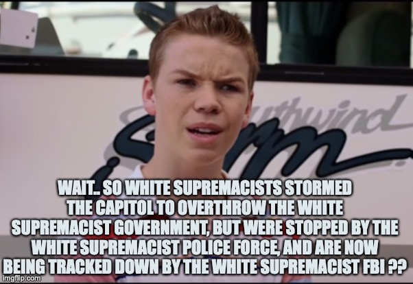 You Guys are Getting Paid | WAIT.. SO WHITE SUPREMACISTS STORMED THE CAPITOL TO OVERTHROW THE WHITE SUPREMACIST GOVERNMENT, BUT WERE STOPPED BY THE WHITE SUPREMACIST POLICE FORCE, AND ARE NOW BEING TRACKED DOWN BY THE WHITE SUPREMACIST FBI ?? | image tagged in you guys are getting paid | made w/ Imgflip meme maker