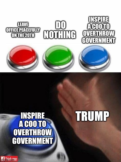 Three Buttons | INSPIRE A COO TO OVERTHROW GOVERNMENT; DO NOTHING; LEAVE OFFICE PEACEFULLY ON THE 20TH; TRUMP; INSPIRE A COO TO OVERTHROW GOVERNMENT | image tagged in three buttons | made w/ Imgflip meme maker