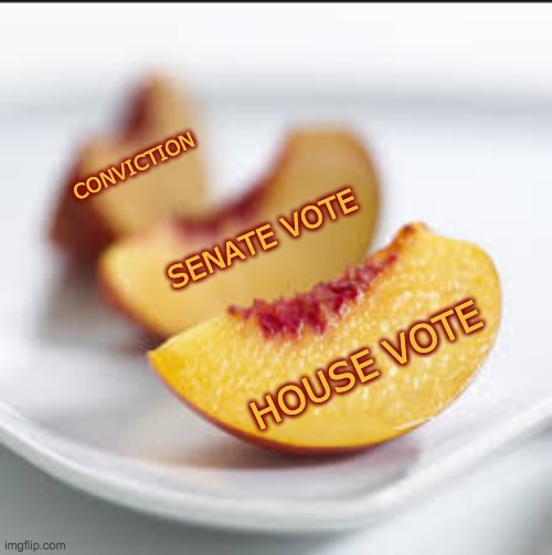 Tasty . . . but I want the whole peach | CONVICTION; SENATE VOTE; HOUSE VOTE | image tagged in impeachment,politics | made w/ Imgflip meme maker