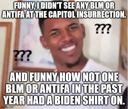 Nick Young | FUNNY, I DIDN'T SEE ANY BLM OR ANTIFA AT THE CAPITOL INSURRECTION. AND FUNNY HOW NOT ONE BLM OR ANTIFA IN THE PAST YEAR HAD A BIDEN SHIRT ON | image tagged in nick young | made w/ Imgflip meme maker