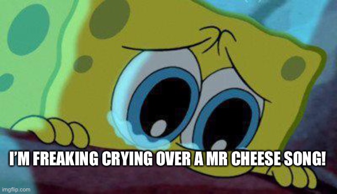 crying spongebob | I’M FREAKING CRYING OVER A MR CHEESE SONG! | image tagged in crying spongebob | made w/ Imgflip meme maker