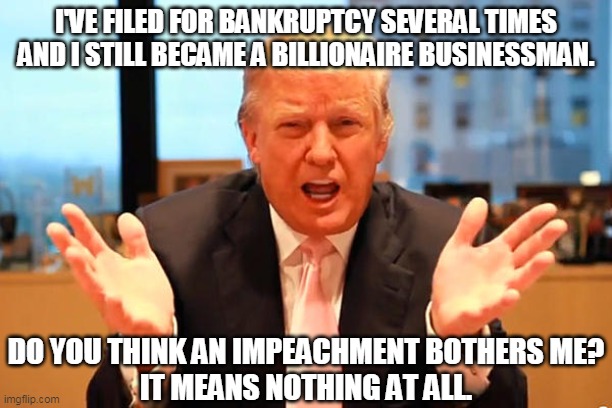 President Trump | I'VE FILED FOR BANKRUPTCY SEVERAL TIMES
AND I STILL BECAME A BILLIONAIRE BUSINESSMAN. DO YOU THINK AN IMPEACHMENT BOTHERS ME?
IT MEANS NOTHING AT ALL. | image tagged in donald trump,president | made w/ Imgflip meme maker