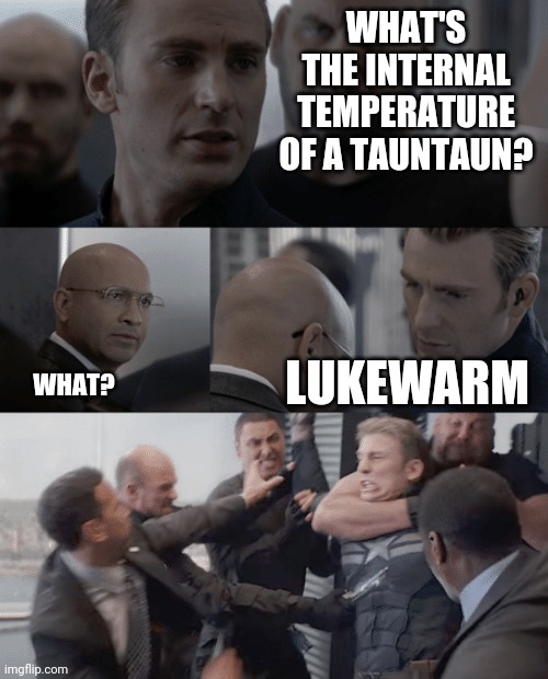 Captain america elevator | WHAT'S THE INTERNAL TEMPERATURE OF A TAUNTAUN? LUKEWARM; WHAT? | image tagged in captain america elevator | made w/ Imgflip meme maker