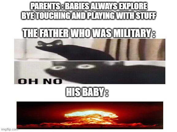 yes totally fine. | PARENTS : BABIES ALWAYS EXPLORE BYE TOUCHING AND PLAYING WITH STUFF; THE FATHER WHO WAS MILITARY :; HIS BABY : | image tagged in blank white template | made w/ Imgflip meme maker