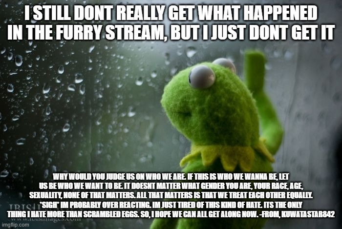 kermit window | I STILL DONT REALLY GET WHAT HAPPENED IN THE FURRY STREAM, BUT I JUST DONT GET IT; WHY WOULD YOU JUDGE US ON WHO WE ARE. IF THIS IS WHO WE WANNA BE, LET US BE WHO WE WANT TO BE. IT DOESNT MATTER WHAT GENDER YOU ARE, YOUR RACE, AGE, SEXUALITY, NONE OF THAT MATTERS. ALL THAT MATTERS IS THAT WE TREAT EACH OTHER EQUALLY. *SIGH* IM PROBABLY OVER REACTING. IM JUST TIRED OF THIS KIND OF HATE. ITS THE ONLY THING I HATE MORE THAN SCRAMBLED EGGS. SO, I HOPE WE CAN ALL GET ALONG NOW. -FROM, KUWATASTAR842 | image tagged in kermit window | made w/ Imgflip meme maker