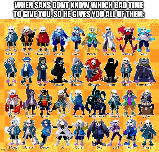 guess ill die | WHEN SANS DONT KNOW WHICH BAD TIME TO GIVE YOU, SO HE GIVES YOU ALL OF THEM: | image tagged in memes,funny,sans,undertale,bad time,uh oh | made w/ Imgflip meme maker