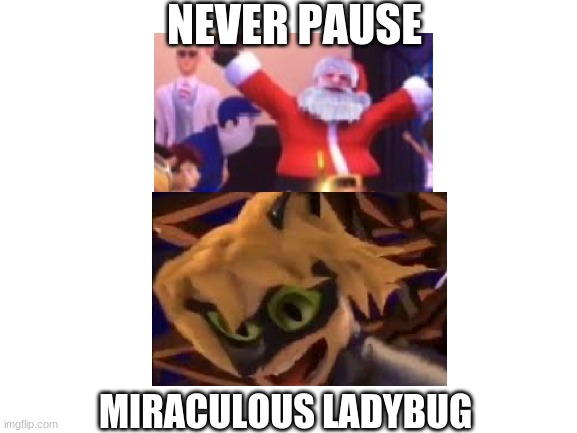Blank White Template | NEVER PAUSE; MIRACULOUS LADYBUG | image tagged in blank white template,miraculous ladybug | made w/ Imgflip meme maker