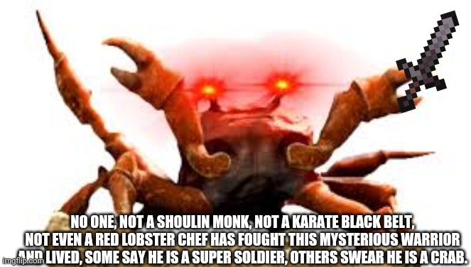The greatest warrior ever | NO ONE, NOT A SHOULIN MONK, NOT A KARATE BLACK BELT, NOT EVEN A RED LOBSTER CHEF HAS FOUGHT THIS MYSTERIOUS WARRIOR AND LIVED, SOME SAY HE IS A SUPER SOLDIER, OTHERS SWEAR HE IS A CRAB. | image tagged in crab,martial arts,funny memes | made w/ Imgflip meme maker