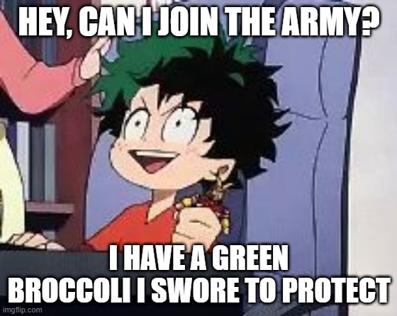 Pls??? | HEY, CAN I JOIN THE ARMY? I HAVE A GREEN BROCCOLI I SWORE TO PROTECT | image tagged in exited deku | made w/ Imgflip meme maker