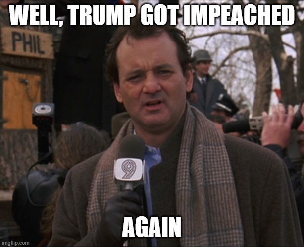 Trump Impeachment | WELL, TRUMP GOT IMPEACHED; AGAIN | image tagged in bill murray groundhog day | made w/ Imgflip meme maker