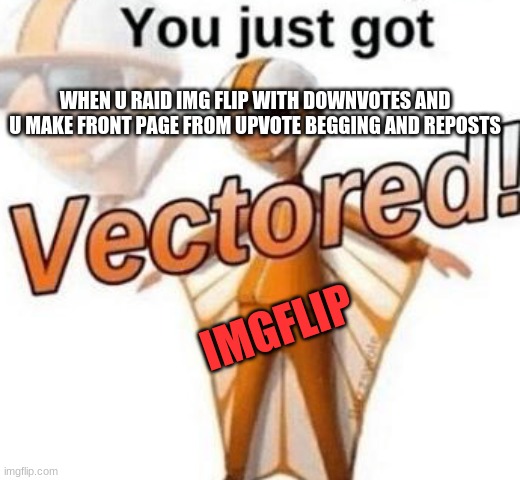 be like vector | WHEN U RAID IMG FLIP WITH DOWNVOTES AND U MAKE FRONT PAGE FROM UPVOTE BEGGING AND REPOSTS; IMGFLIP | image tagged in you just got vectored | made w/ Imgflip meme maker