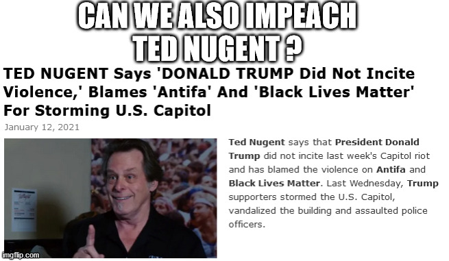 Ted Nugent | CAN WE ALSO IMPEACH 
TED NUGENT ? | image tagged in ted nugent,nutcase,trump,impeach,idiot | made w/ Imgflip meme maker