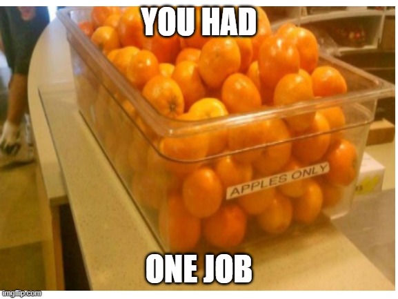 oranges | YOU HAD; ONE JOB | image tagged in you had one job | made w/ Imgflip meme maker