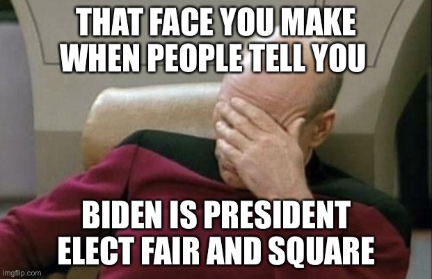 Rigged election | THAT FACE YOU MAKE WHEN PEOPLE TELL YOU; BIDEN IS PRESIDENT ELECT FAIR AND SQUARE | image tagged in memes,captain picard facepalm | made w/ Imgflip meme maker