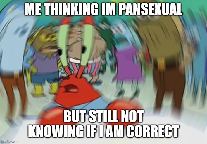 Mr Krabs Blur Meme | ME THINKING IM PANSEXUAL; BUT STILL NOT KNOWING IF I AM CORRECT | image tagged in memes,mr krabs blur meme | made w/ Imgflip meme maker