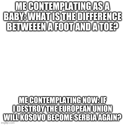 Blank Transparent Square Meme | ME CONTEMPLATING AS A BABY: WHAT IS THE DIFFERENCE BETWEEEN A FOOT AND A TOE? ME CONTEMPLATING NOW: IF I DESTROY THE EUROPEAN UNION WILL KOSOVO BECOME SERBIA AGAIN? | image tagged in memes,blank transparent square | made w/ Imgflip meme maker