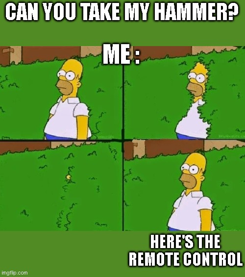 Wrong tool | CAN YOU TAKE MY HAMMER? ME :; HERE'S THE REMOTE CONTROL | image tagged in homer bush | made w/ Imgflip meme maker