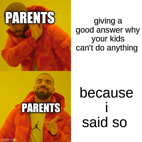 Drake Hotline Bling Meme | giving a good answer why your kids can't do anything; PARENTS; because i said so; PARENTS | image tagged in memes,drake hotline bling,parents | made w/ Imgflip meme maker