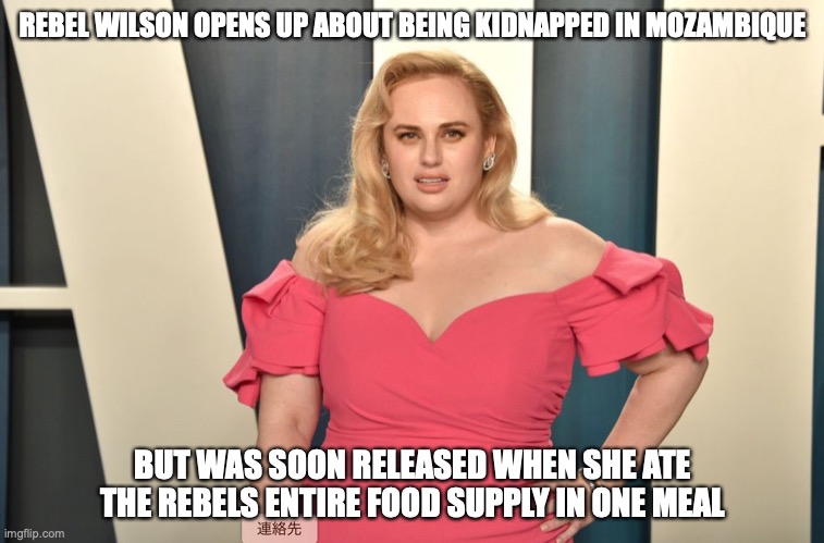 Rebel Wilson | REBEL WILSON OPENS UP ABOUT BEING KIDNAPPED IN MOZAMBIQUE; BUT WAS SOON RELEASED WHEN SHE ATE THE REBELS ENTIRE FOOD SUPPLY IN ONE MEAL | image tagged in kidnapping | made w/ Imgflip meme maker