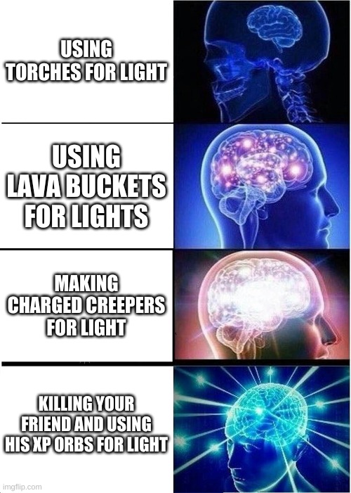 Light Problems.... | USING TORCHES FOR LIGHT; USING LAVA BUCKETS FOR LIGHTS; MAKING CHARGED CREEPERS FOR LIGHT; KILLING YOUR FRIEND AND USING HIS XP ORBS FOR LIGHT | image tagged in memes,expanding brain | made w/ Imgflip meme maker
