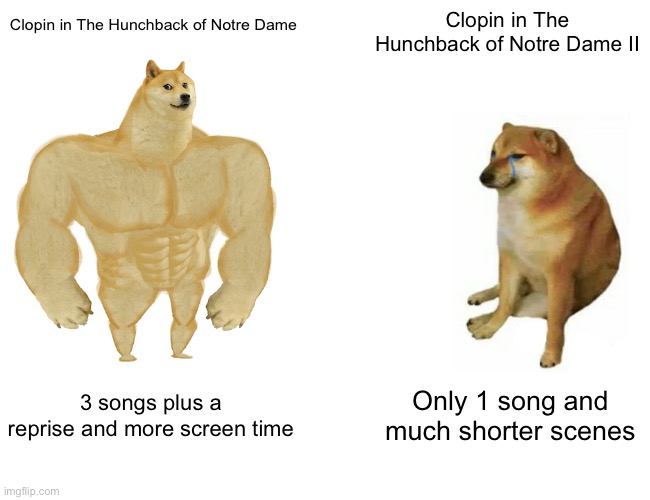 Clopin in both Hunchback movies | Clopin in The Hunchback of Notre Dame II; Clopin in The Hunchback of Notre Dame; 3 songs plus a reprise and more screen time; Only 1 song and much shorter scenes | image tagged in memes,buff doge vs cheems,clopin,disney,the hunchback of notre dame | made w/ Imgflip meme maker