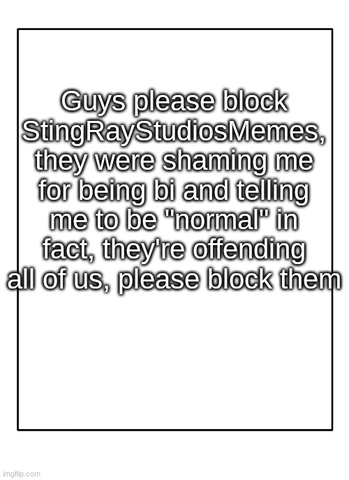 Please block them | Guys please block StingRayStudiosMemes, they were shaming me for being bi and telling me to be "normal" in fact, they're offending all of us, please block them | image tagged in blank template | made w/ Imgflip meme maker