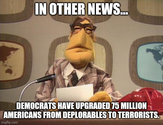muppet news | IN OTHER NEWS... DEMOCRATS HAVE UPGRADED 75 MILLION AMERICANS FROM DEPLORABLES TO TERRORISTS. | image tagged in muppet news | made w/ Imgflip meme maker