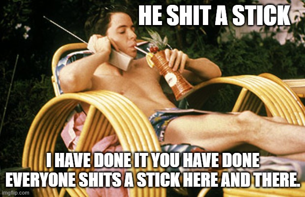 Ferris Bueller relaxing | HE SHIT A STICK I HAVE DONE IT YOU HAVE DONE EVERYONE SHITS A STICK HERE AND THERE. | image tagged in ferris bueller relaxing | made w/ Imgflip meme maker