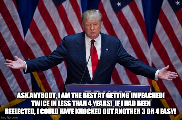 I'm The Best | ASK ANYBODY, I AM THE BEST AT GETTING IMPEACHED! TWICE IN LESS THAN 4 YEARS!  IF I HAD BEEN REELECTED, I COULD HAVE KNOCKED OUT ANOTHER 3 OR 4 EASY! | image tagged in donald trump | made w/ Imgflip meme maker