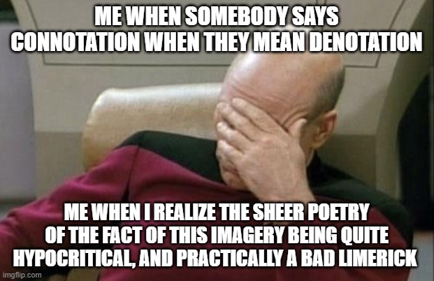 Captain Picard Facepalm Meme | ME WHEN SOMEBODY SAYS CONNOTATION WHEN THEY MEAN DENOTATION; ME WHEN I REALIZE THE SHEER POETRY OF THE FACT OF THIS IMAGERY BEING QUITE HYPOCRITICAL, AND PRACTICALLY A BAD LIMERICK | image tagged in memes,captain picard facepalm | made w/ Imgflip meme maker