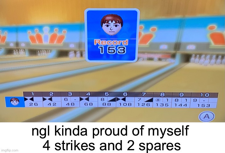 Just started up my wii for the first time in forever | ngl kinda proud of myself 
4 strikes and 2 spares | image tagged in memes,wii | made w/ Imgflip meme maker