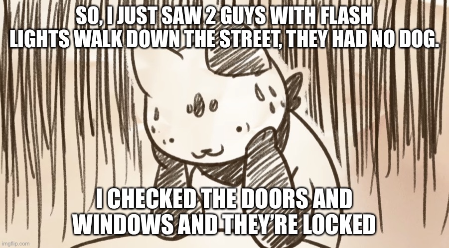 I’m honestly scared | SO, I JUST SAW 2 GUYS WITH FLASH LIGHTS WALK DOWN THE STREET, THEY HAD NO DOG. I CHECKED THE DOORS AND WINDOWS AND THEY’RE LOCKED | image tagged in chipflake questioning life | made w/ Imgflip meme maker