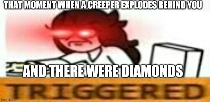 Jaiden triggered | THAT MOMENT WHEN A CREEPER EXPLODES BEHIND YOU; AND THERE WERE DIAMONDS | image tagged in jaiden triggered | made w/ Imgflip meme maker