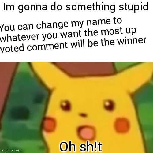 Be nice | Im gonna do something stupid; You can change my name to whatever you want the most up voted comment will be the winner; Oh sh!t | image tagged in memes,surprised pikachu | made w/ Imgflip meme maker