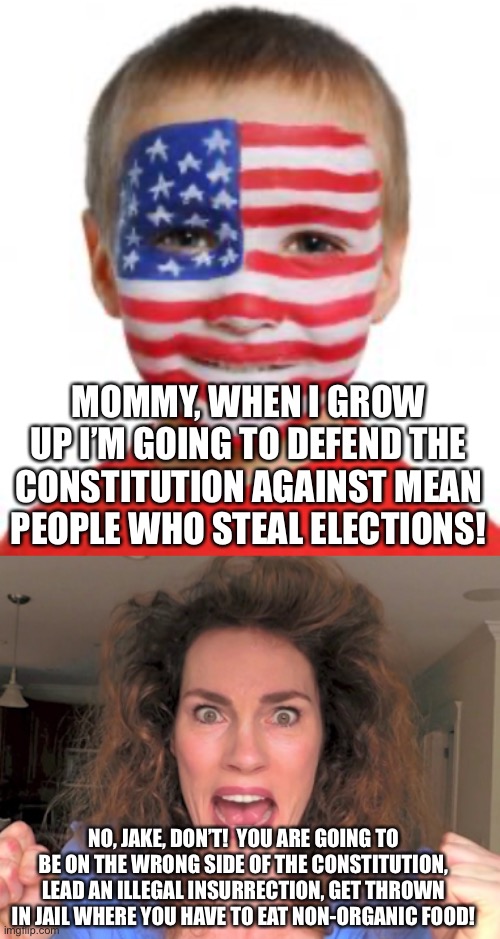 Jake lives near Walmart | MOMMY, WHEN I GROW UP I’M GOING TO DEFEND THE CONSTITUTION AGAINST MEAN PEOPLE WHO STEAL ELECTIONS! NO, JAKE, DON’T!  YOU ARE GOING TO BE ON THE WRONG SIDE OF THE CONSTITUTION, LEAD AN ILLEGAL INSURRECTION, GET THROWN IN JAIL WHERE YOU HAVE TO EAT NON-ORGANIC FOOD! | image tagged in memes,jake,qanon | made w/ Imgflip meme maker