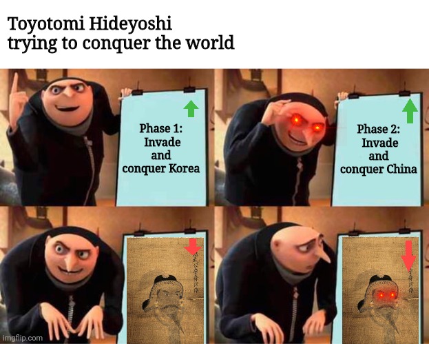 Gru's Plan Meme | Toyotomi Hideyoshi trying to conquer the world; Phase 1:
 Invade and conquer Korea; Phase 2:
 Invade and conquer China | image tagged in memes,gru's plan,history,imjin war,korea japan | made w/ Imgflip meme maker