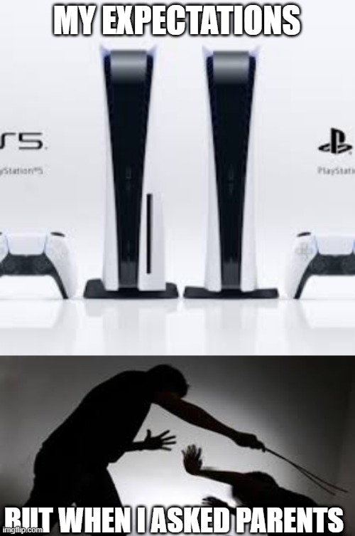 Ps5 | MY EXPECTATIONS; BUT WHEN I ASKED PARENTS | image tagged in expectation vs reality | made w/ Imgflip meme maker