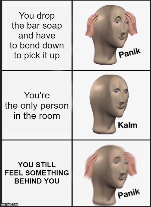 Soap. (Possibly NSFW...?) | You drop the bar soap and have to bend down to pick it up; You're the only person in the room; YOU STILL FEEL SOMETHING BEHIND YOU | image tagged in memes,panik kalm panik | made w/ Imgflip meme maker