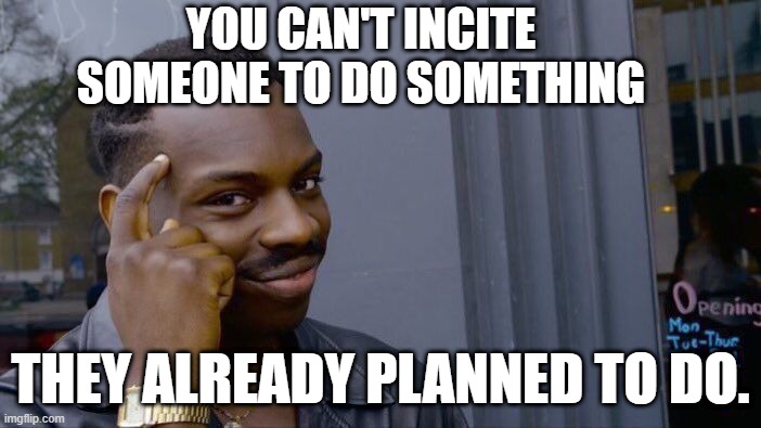 Roll Safe Think About It | YOU CAN'T INCITE SOMEONE TO DO SOMETHING; THEY ALREADY PLANNED TO DO. | image tagged in memes,roll safe think about it | made w/ Imgflip meme maker