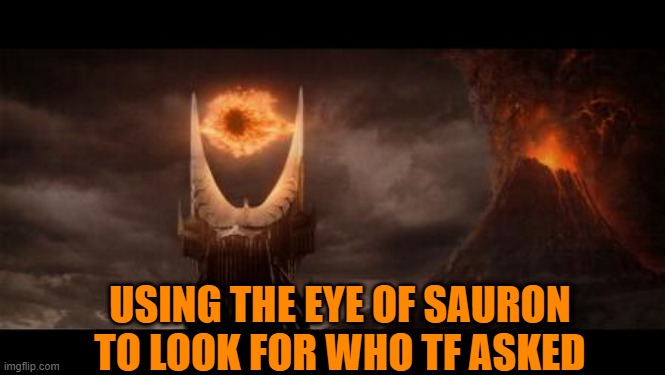 Eye Of Sauron | USING THE EYE OF SAURON TO LOOK FOR WHO TF ASKED | image tagged in memes,eye of sauron | made w/ Imgflip meme maker