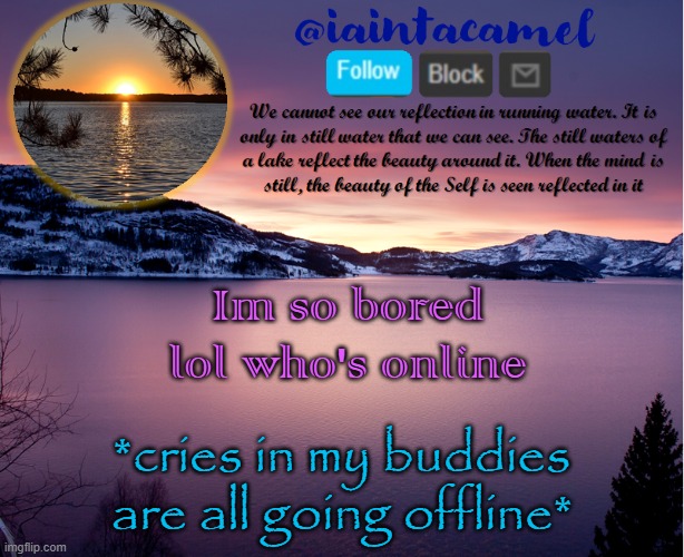 iaintacamel | Im so bored lol who's online; *cries in my buddies are all going offline* | image tagged in iaintacamel | made w/ Imgflip meme maker